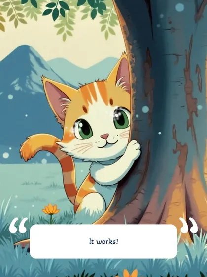 The moment of success in our illustrated story, as the cat peeks out from behind a tree, lured by the promise of a tasty Applod treat.
