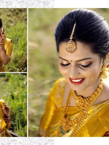 A classic three-photo collage of a bride in a golden saree, perfect for a traditional wedding album.