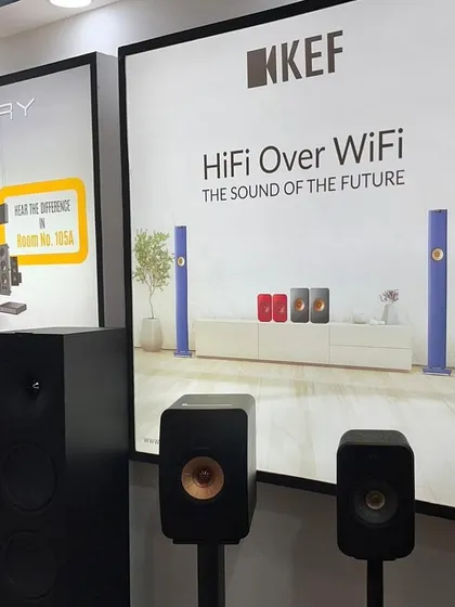 The KEF and Theory Audio section of our booth, showcasing the future of sound with "HiFi Over WiFi" and other innovative solutions.