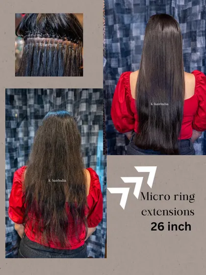 This collage shows the complete process and result of 26-inch micro-ring extensions. From frizzy, shorter hair to a long, sleek, and voluminous style.