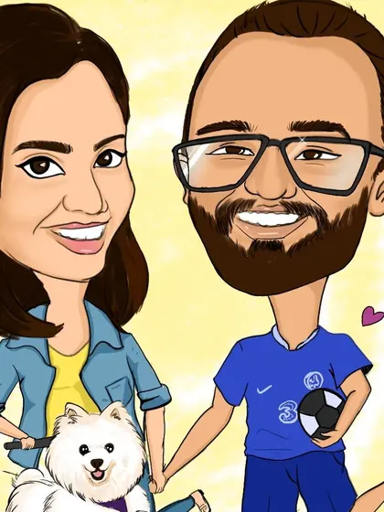 A close up view of the digital caricature, highlighting the detailed work on the faces and the charming inclusion of their fluffy companion.