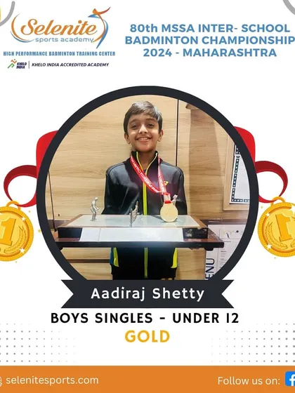 Gold! Aadiraj Shetty became the champion in the Boys Singles Under 12 category at the 80th MSSA Inter-School Badminton Championship in Maharashtra.