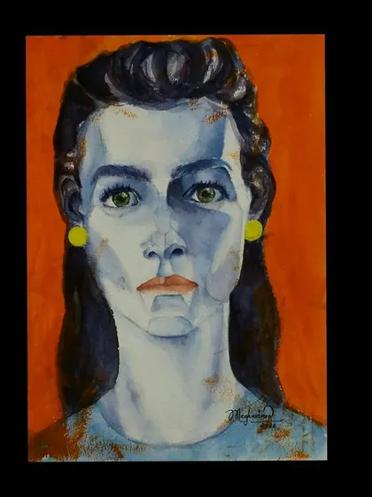A mixed-media portrait using both watercolor and acrylic. I love the contrast between the blue skin tone, the vibrant orange background, and the pop of the yellow earrings.