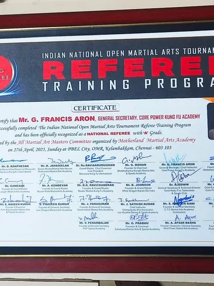 A clear shot of my National Referee training program certificate. This ensures that my judging and teaching are aligned with national standards of excellence.
