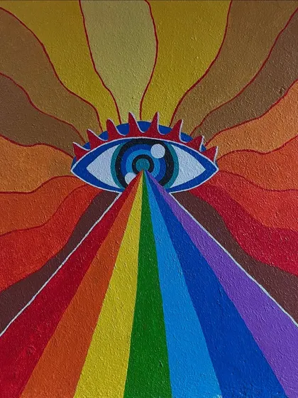 A psychedelic and trippy wall mural I painted for a client's space. This piece uses bold colors and radiating lines to create a mesmerizing focal point.