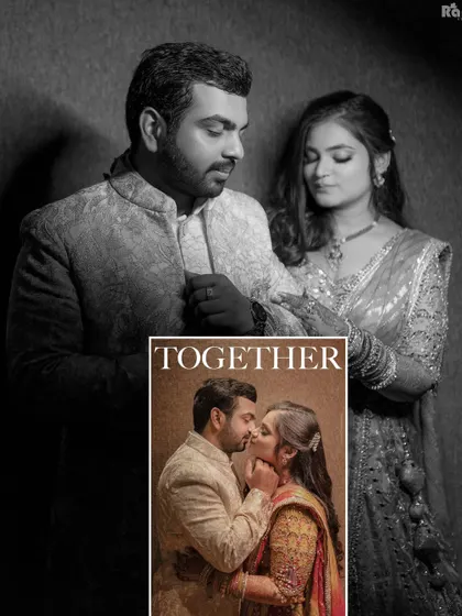 An artistic collage that blends a black and white portrait with a smaller, colored image of the couple sharing a kiss, creating a beautiful contrast.