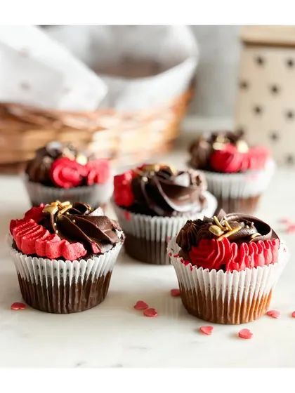 A lineup of our dark chocolate cupcakes, ready to be packed into a beautiful bouquet or basket for your Valentine.