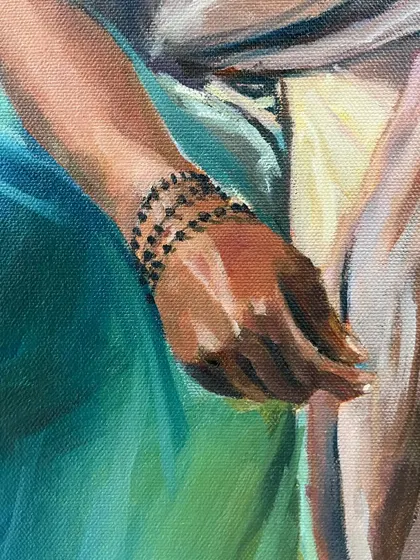 Another detail from 'Adhyaẏana'. Here you can see the careful rendering of the hand and the rudraksha bracelet, along with the soft folds of the green and beige fabric, all painted with oil on canvas.