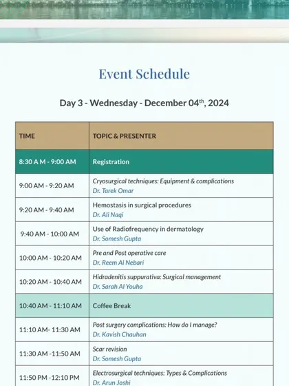 The event schedule for Day 3 of the Kuwait workshop, where I presented on managing post-surgery complications.