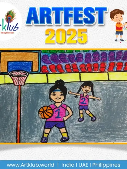 Two girls playing basketball in a stadium, a colorful creation from our junior division.