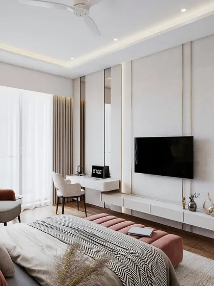 Another view of the master bedroom 3D render, focusing on the TV wall which blends textured paint, sleek metal strips, and a tinted mirror to create a stunning focal point.