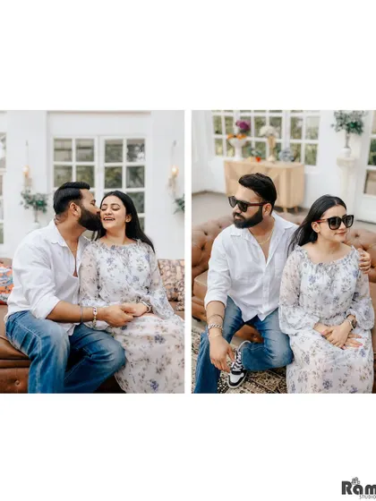 A sweet diptych of a couple sharing a tender kiss on the cheek and a relaxed moment on a leather sofa. This showcases the comfortable and affectionate side of their relationship.