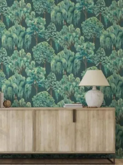A dense forest mural featuring weeping willows and other trees on a dark background. This design creates a sense of depth and mystery, perfect for a statement wall.