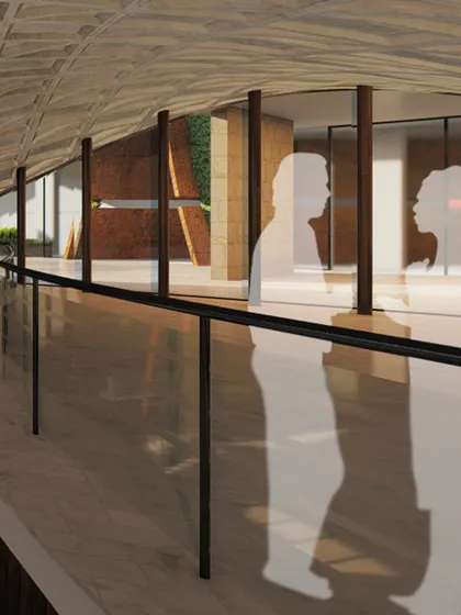 This rendering of a commercial project interior shows a symphony of space and function. The design focuses on creating a canvas for productivity and collaboration, with open, flowing levels and natural light.