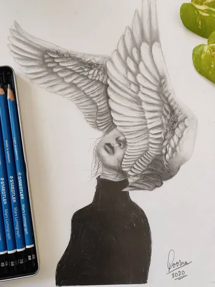 A surrealist graphite portrait of a woman with large angel wings covering her head. This piece combines realism with imagination.