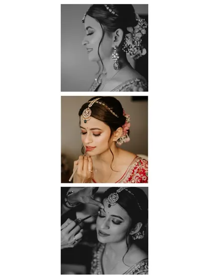 A triptych of the bride's getting-ready moments, from hair to makeup. The mix of color and monochrome captures the process with an artistic touch.