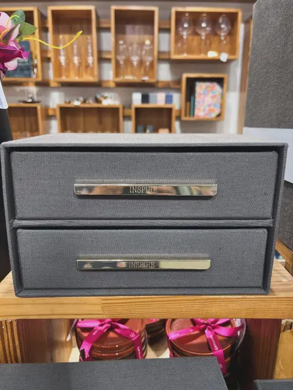 To be inspired is a gift. Our Colton Grey House collection features minimal and elegant stationery for your home and office, like this two-drawer organizer etched with the word 'Inspire'.