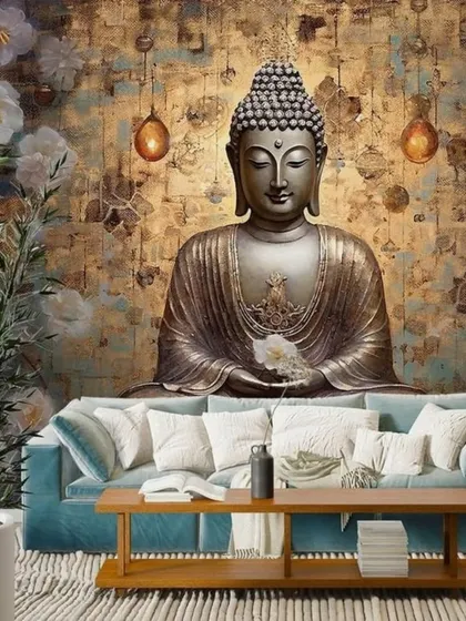 This luxurious wallpaper features a golden Buddha statue against a textured, antique-gold background with floral details, creating a rich and spiritual ambiance.