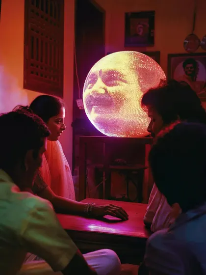 A family gathered around a 'Chakraview', a fictional piece of forgotten Indian tech. I love creating these objects that hint at an alternate technological history.