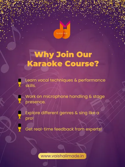 Why join our Karaoke Course? This graphic lists the key benefits: learning vocal and performance skills, working on mic handling, exploring genres, and getting real-time feedback from experts.