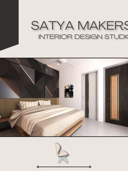 A modern bedroom concept with a geometric, dark-paneled feature wall.