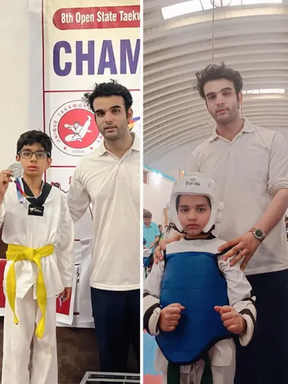A collage showing a student with his medal and another getting ready to compete. This captures the full competition experience.