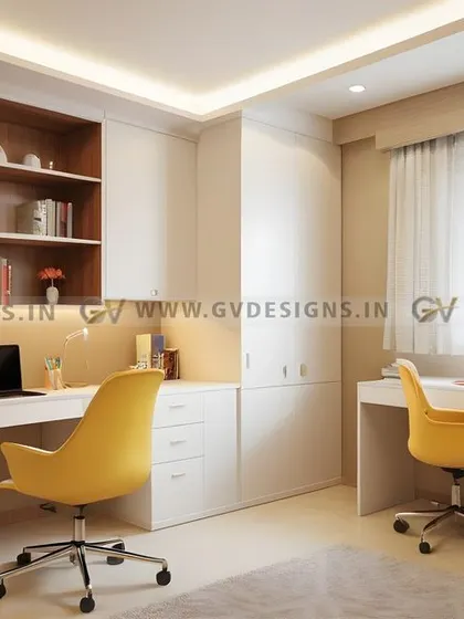 We designed this kids' study room to be both inspiring and ergonomic. It features two separate workstations, ample open shelving for books and decor, and cheerful yellow chairs that add a burst of energy to the space.