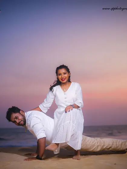 A playful and romantic pre-wedding shoot on the beach at sunset. The warm light and relaxed setting allow us to capture the couple's natural chemistry and joy.