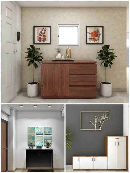 This collage shows three different styles of entryway consoles and shoe storage, from a simple wooden chest of drawers to a modern white unit with a bench.