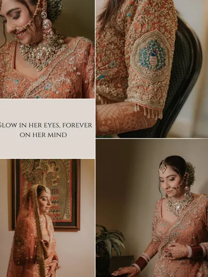 A collage of bridal portraits, highlighting details like the peacock embroidery on her sleeve and her serene expressions.