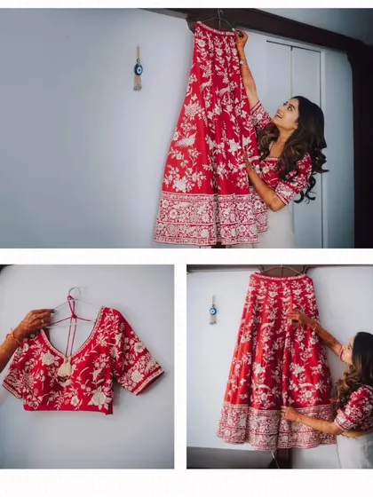A collage showing the bride admiring her beautiful red wedding lehenga before getting dressed.