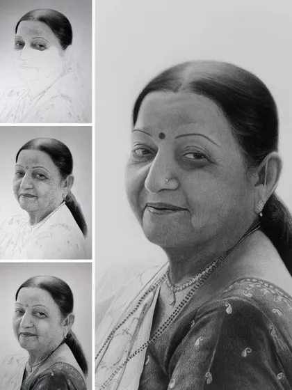 Here you can see the step-by-step progression of Smita Bhabu's portrait, from the first sketch to the fully rendered piece.