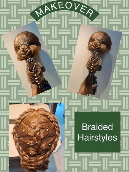 A display of intricate braided hairstyles on a mannequin. These styles show complex weaving techniques and are decorated with small pearls for an elegant finish.