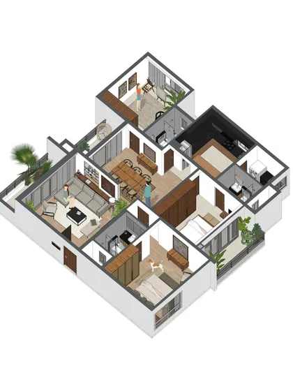 An isometric 3D floor plan of the 'Ikigai Living' apartment. This visual helps clients understand the spatial flow, furniture layout, and our strategy of using minimal interventions to achieve maximum impact.