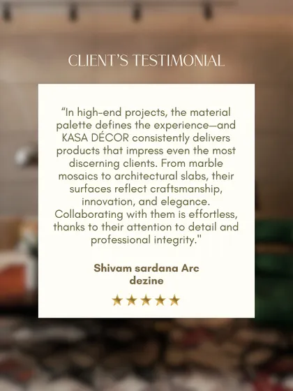 A client testimonial from Shivam Sardana of Arc Dezine. He speaks to our ability to deliver products that reflect craftsmanship, innovation, and elegance for high-end projects.