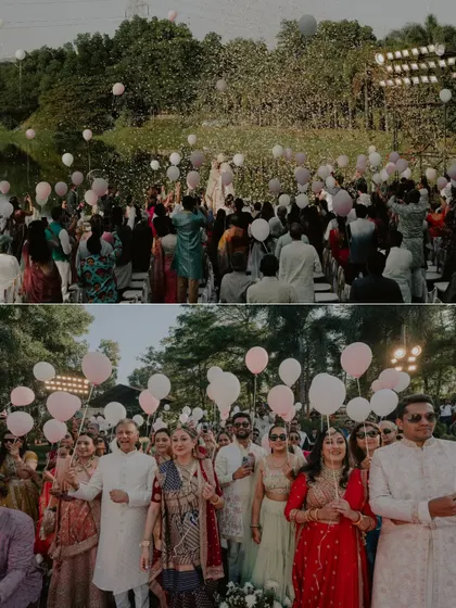 The joy of a wedding at Oleander Farms, with guests showering the couple with balloons. We capture the fun and festive atmosphere of destination weddings.
