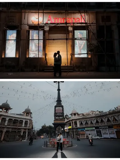 Two dramatic night shots in Jaipur. One captures a silhouette in front of the Amrapali cinema, while the other features the couple in the middle of a deserted, beautifully lit city intersection.