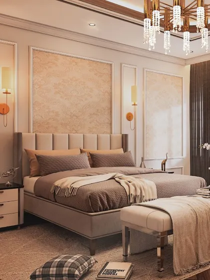 For my client Someshekhar's master bedroom, I used soothing neutral tones and wooden flooring. The design features a premium chandelier, custom wall lighting, and a comfortable bench to create a classy, relaxing retreat.