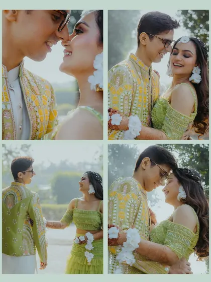 A quad of romantic close-up portraits of the couple, capturing their smiles and affectionate glances during their Haldi shoot.