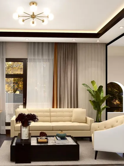 This space was designed for modern, multifunctional living. A comfortable living area, featuring our custom sofa and armchair, coexists with a discreet home office nook, unified by a consistent palette of warm neutrals and dark wood accents.