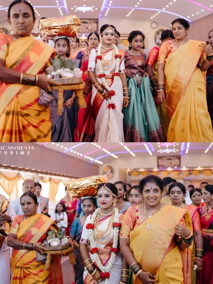 The bride's procession into the wedding hall, accompanied by her family in a traditional and colorful display.