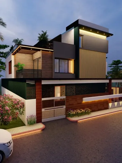 A dusk render of the luxury bungalow, emphasizing the warm, inviting glow from the interior and exterior lights.