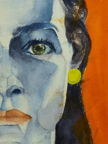 A close-up detail of my mixed-media portrait, showing the texture from the acrylic paint and the sharp gaze of the subject's green eyes.