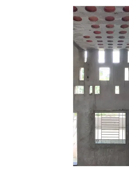 This is the 'Wall of Light' at the Mahesh Residence, seen here during construction. The angular punctures are designed to create a dynamic play of light inside. This image shows the raw form of a feature that will become a defining element of the home's atmosphere.