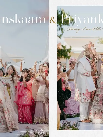 The playful and competitive varmala exchange, a fun-filled tradition that we love to capture, showcasing the couple's dynamic.