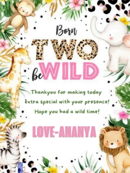 "Born TWO be Wild!" A custom thank you card for Ananya's second birthday, which had a jungle theme. We paired this with a hamper filled with homemade chocolates, almond cookies, and ragi chips.