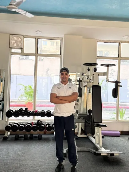 In a well-equipped private gym.