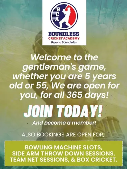 An informational poster welcoming players of all ages, from 5 to 55. It details the various services we offer, including net bookings and specialized coaching sessions.