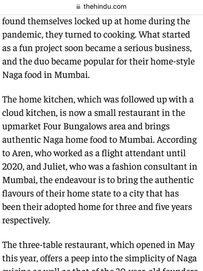 The Hindu article details our journey from a home kitchen during the pandemic to opening a small restaurant in Mumbai, driven by our passion to share authentic Naga food.