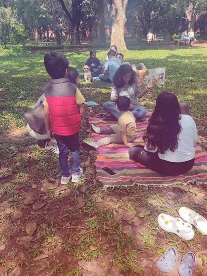 A series of photos from our 'Storyscapes 16' session, capturing the authentic, unposed moments of our circle. You can see children listening, playing, and interacting naturally, which is the essence of our child-led storytelling approach.
